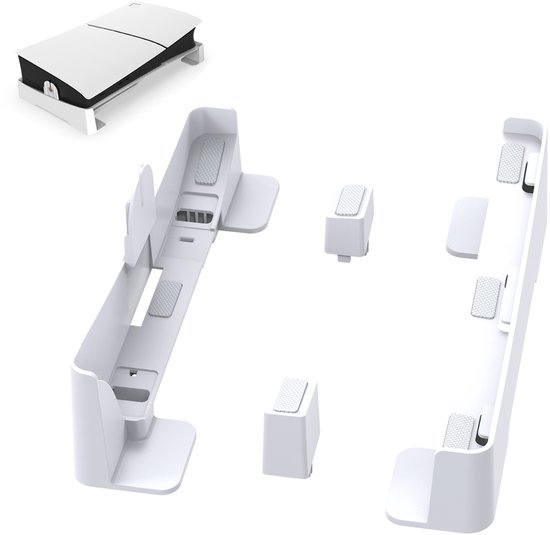 Losse onderdelen van de witte horizontale standaard voor PS5 met gedetailleerde anti-slip pads.