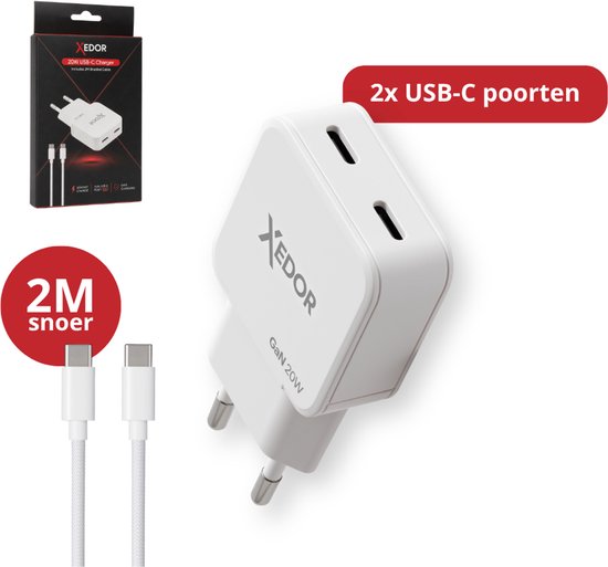 Witte Xedor 20W GaN oplader met 2 USB-C poorten, naast een 2 meter witte gevlochten USB-C naar USB-C kabel en de productverpakking.