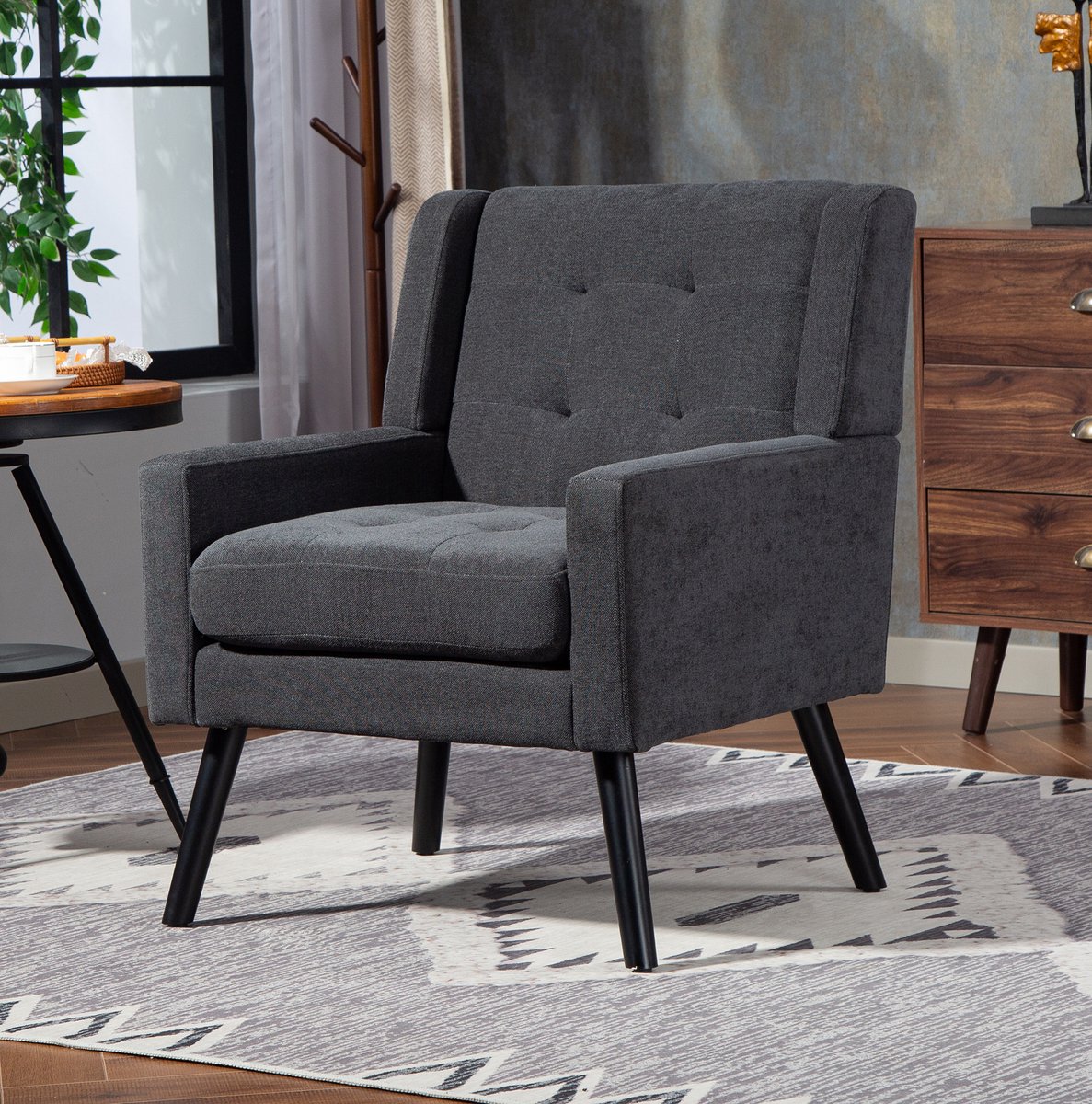 Wishdor Fauteuil - Donkergrijs - Knopen en armleuningen - Houten poten - Voor woonkamer, slaapkamer en kantoor - 68 x 76 x 88 cm