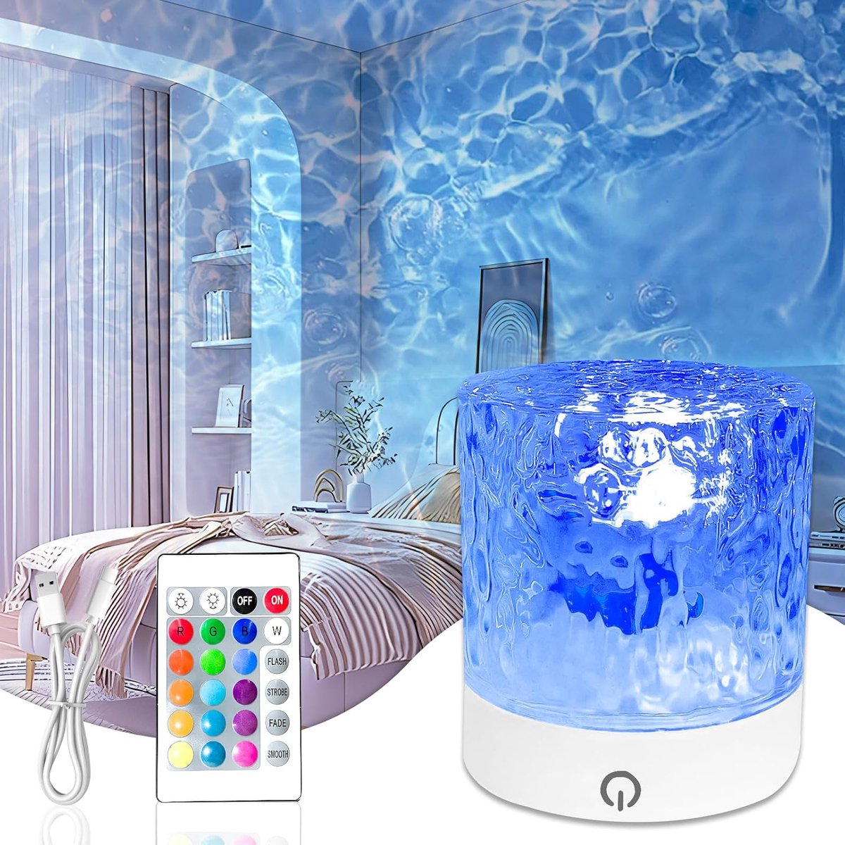 Nachtlampjes, 16-kleuren watergolflamp (met USB-aansluiting), oplaadbare noorderlichtlamp, oceaanlamp met afstandsbediening, watergolf-oceaanlamp, draaiend nachtlampje, sterrenhemelprojector, kamerdecoratie