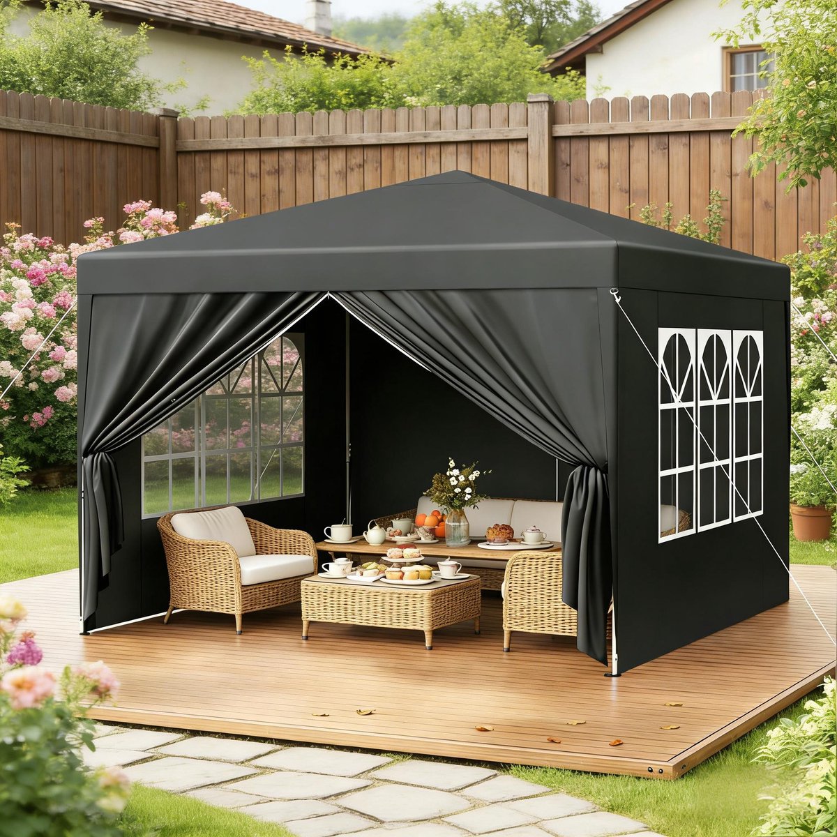Tuinhuisje 3x3 m met 4 zijwanden - pop-up opvouwbare tent - waterdichte en UV-bestendige tent - tent met draagtas - antraciet