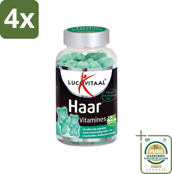 Fles met 60 groene, beervormige suikervrije gummies. "Haar Vitamines" met "LUCOVITAAL" logo.
