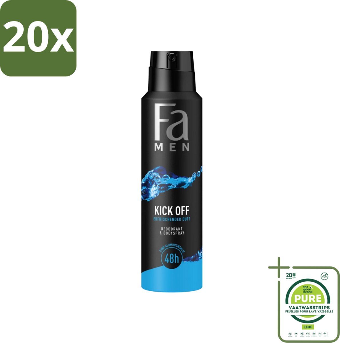 20 x Fa Men - Deodorant Lichaamsspray - Kick-Off - Verfrissend - 48 uur Bescherming - 150 ml - Grootverpakking - Deodorant Spray - 48 Uur Bescherming - Aluminiumvrije Deodorant - Verfrissend Deodorant - Huidvriendelijk Deodorant