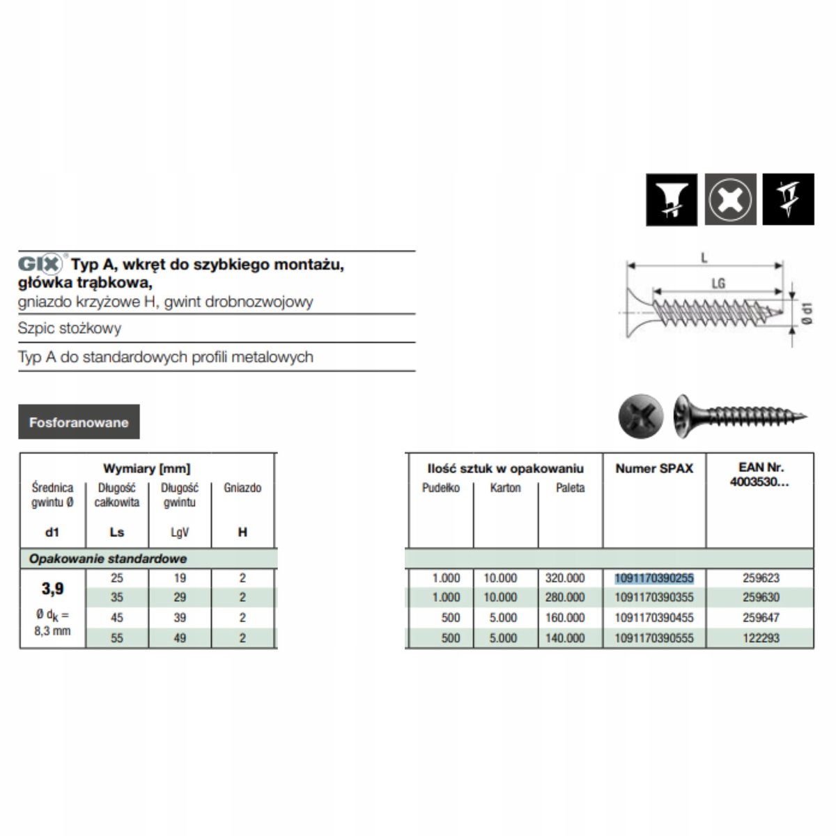 Spax GIX-A gipsplaat schroeven voor metaal 3,9x55mm 500 stuks