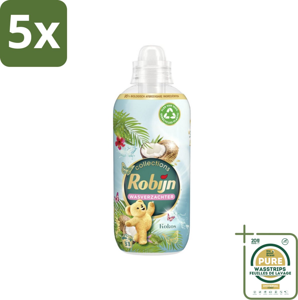 5 x Robijn Wasverzachter Kokos Sensation 33 Wasbeurten 825 ml - Grootverpakking - Wasverzachter Kokos - Kokos Geur - Wasverzachter Tropisch - Wasverzachter Voor Kleding - Wasverzachter 33 Wasbeurten