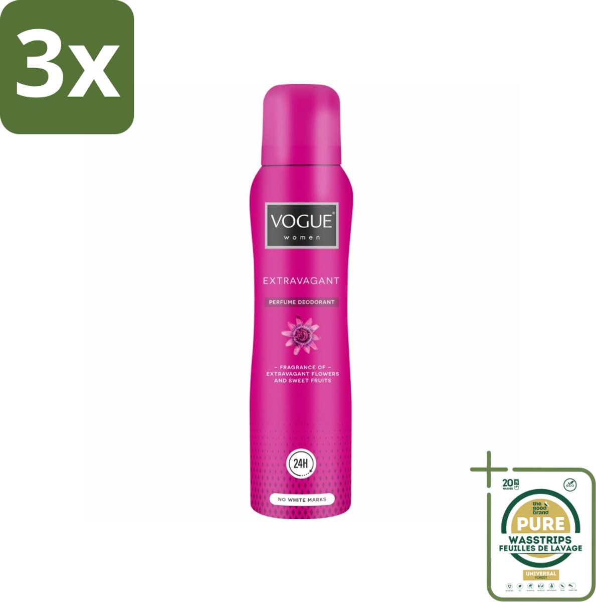 3 x Vogue Women - Extravagant - Parfum Deodorant - 150 ml - Grootverpakking - Parfum Deodorant - Fruitige Geur - Bloemige Geur - 24 Uur Bescherming - Zweetbescherming