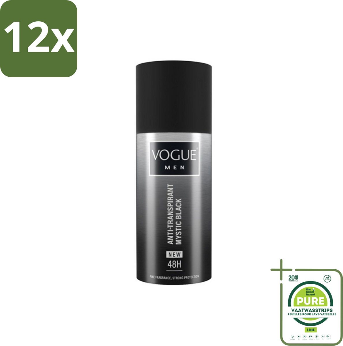 Vogue Men - Mystic Black - Deodorant Spray - Anti-transpirant - 150 ml - Voordeelverpakking - 12 stuks - Deodorant spray - Anti-transpirant