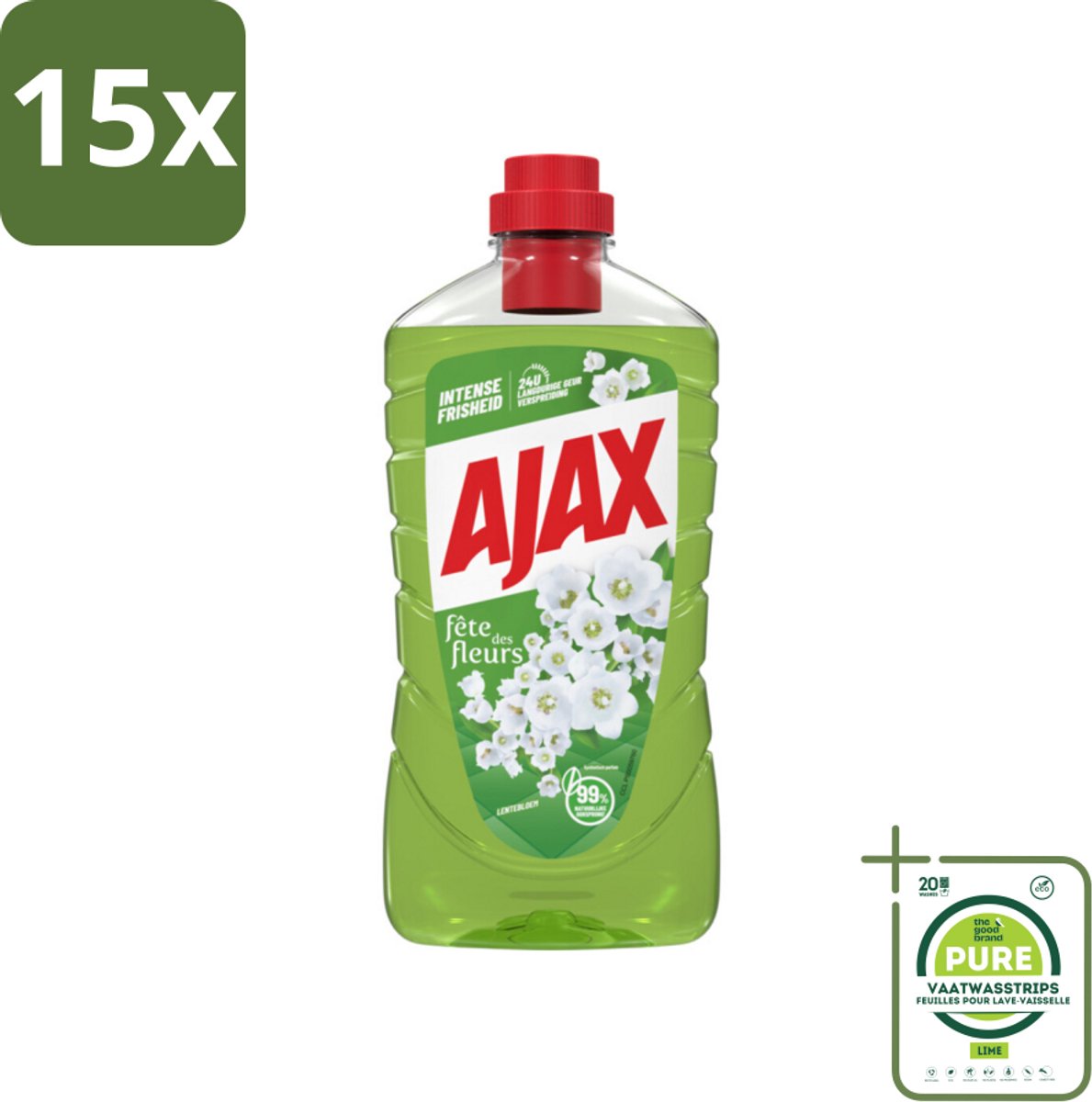 15 x Ajax Allesreiniger Fête des Fleur Lentebloem 1 liter - Grootverpakking - Allesreiniger - Natuurlijke Reiniging - Frisheid - Lentebloem - Essentiële Oliën