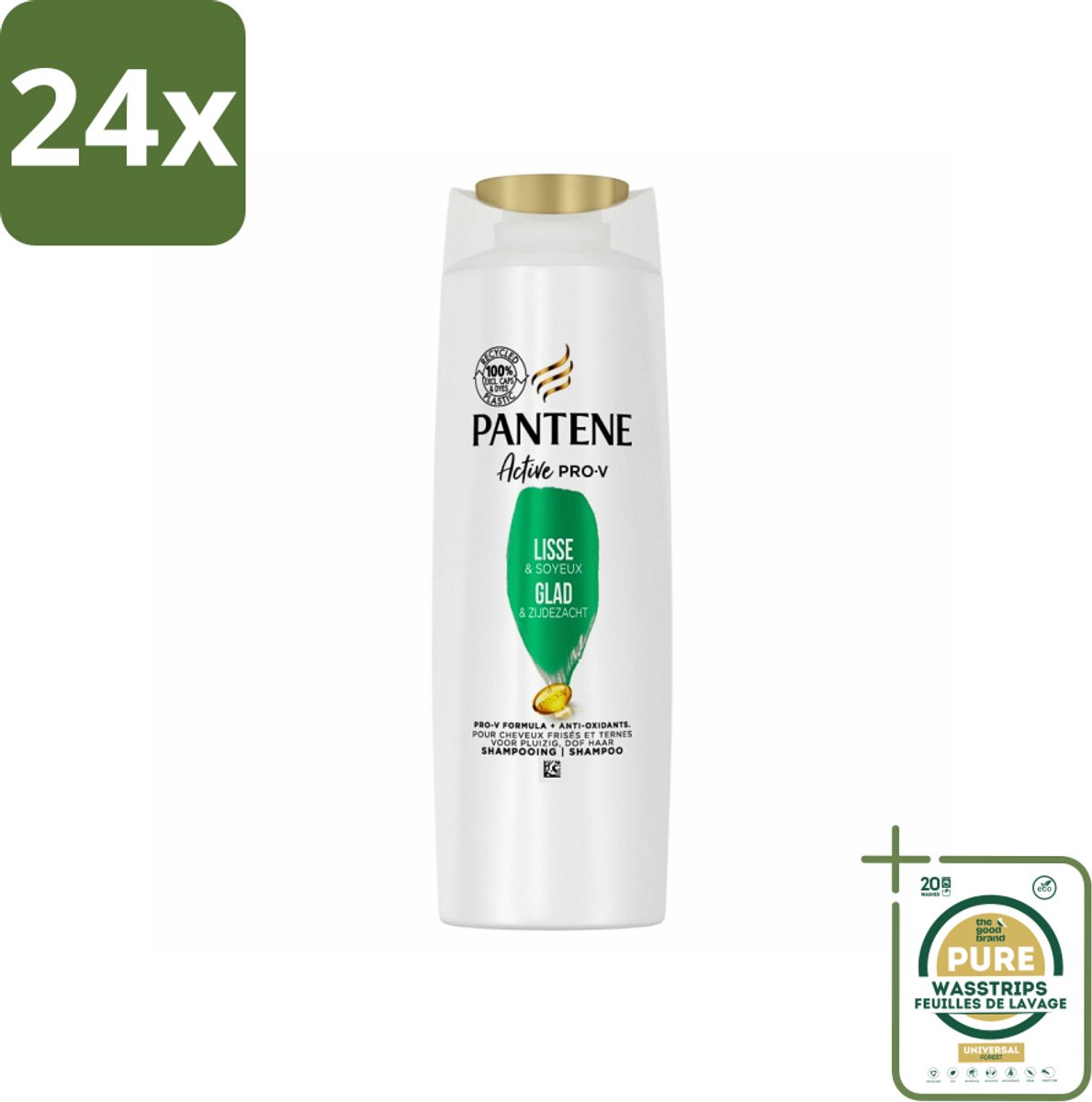 Pantene - Shampoo - Glad & Zijdezacht - Voedt en Versterkt - Voor Pluizig Haar - 225 ml - Voordeelverpakking - 24 stuks - Zijdezacht haar - Voeding haar