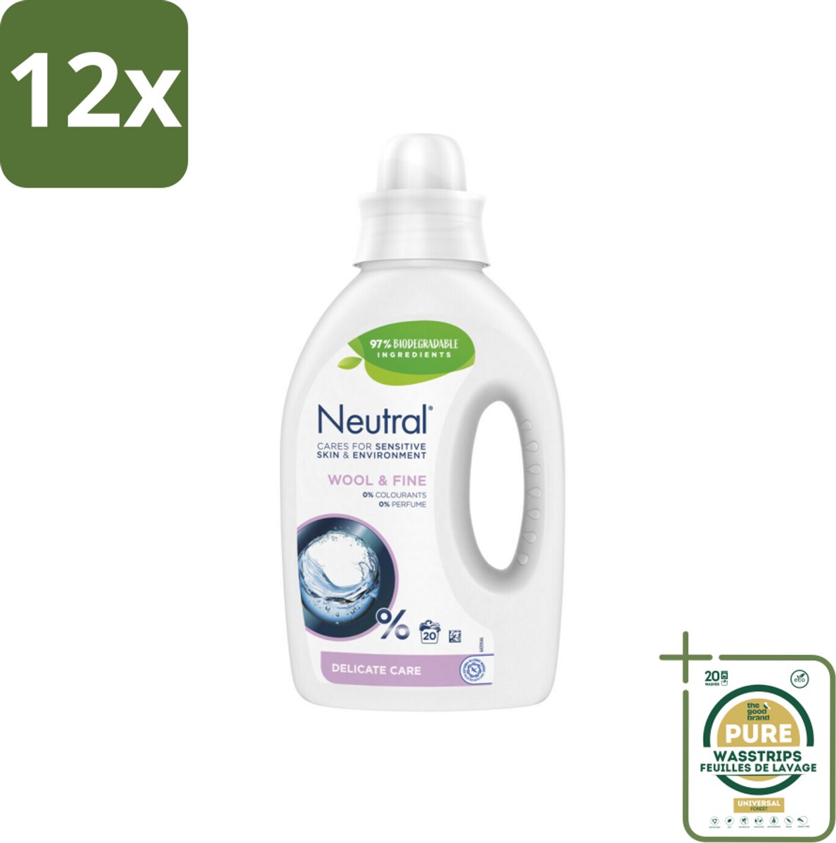 Neutral Vloeibaar Wasmiddel Wol & Fijn 20 Wasbeurten 1 liter - Voordeelverpakking - 12 stuks - Hypoallergene - Dermatologisch goedgekeurd