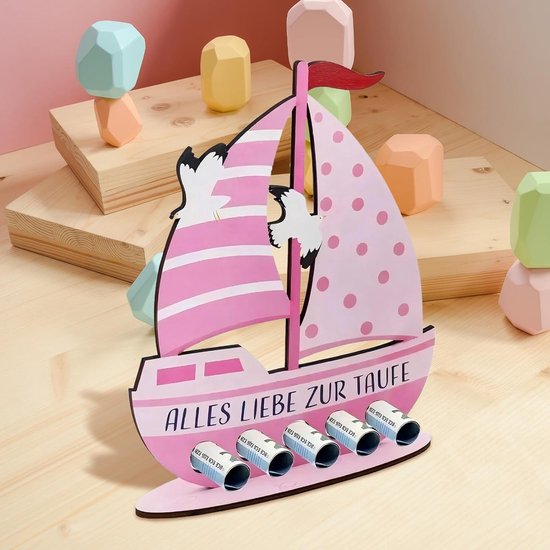 Houten boot als doopcadeau voor meisjes, roze, 19 x 16 cm, uniek doopgeschenk, persoonlijk cadeau, geldcadeau voor doop — afbeelding 4