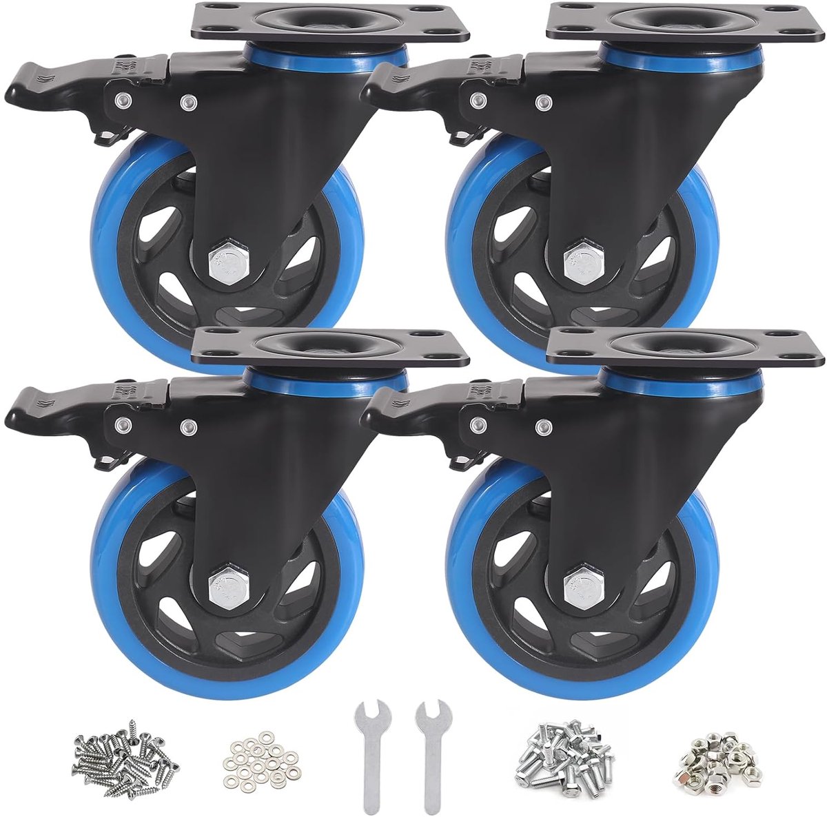 BAOLIHUI 100 mm zware wielen, blauw, set van 4 meubelwielen, tot 1000 kg, 360 graden dubbele vergrendeling, wielen met - ShopVlot