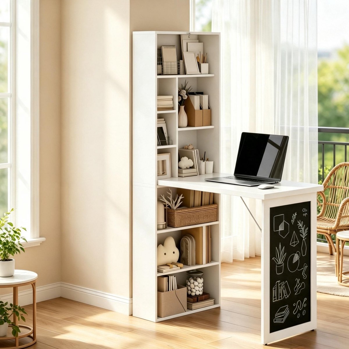 STILVORA Wandbureau - Opklapbaar Bureau Met Boekenrek En Krijtbord - Ruimtebesparend Voor Thuis En Studie - MDF - Wit/Zwart - 98x51x153 Cm