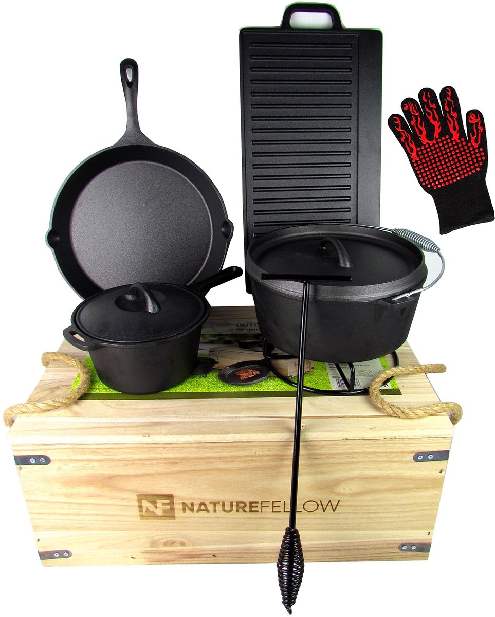 Elzusha - 10-delige Gietijzeren Dutch Oven Set in Houten Kist