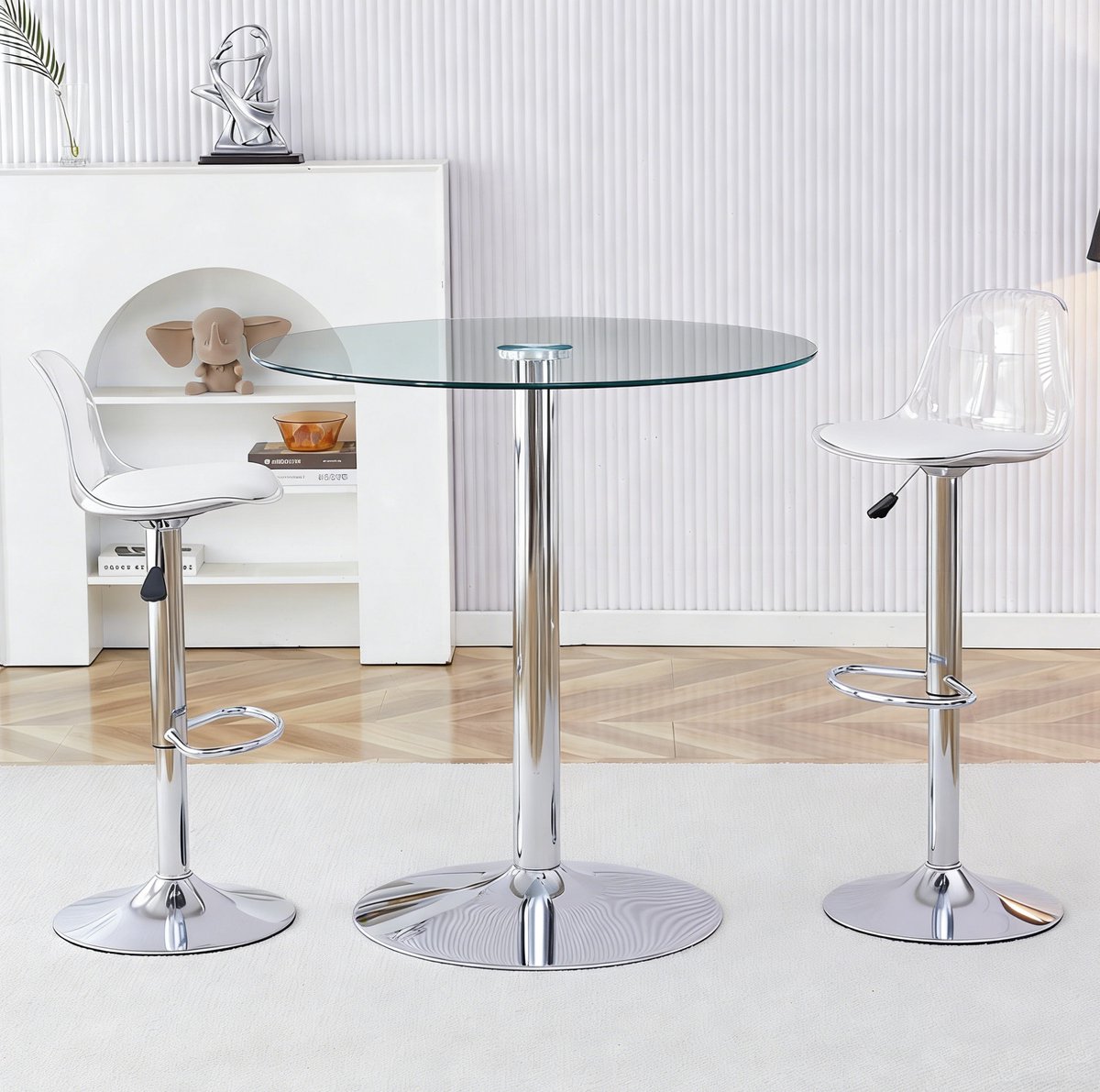 Wishdor Barset met tafel en 2 barkrukken - Transparant en zilverkleurig - Verstelbaar en 360° draaibaar - Modern - Eetkamer bar café kantoor lounge - 89 x 89 x 92 cm
