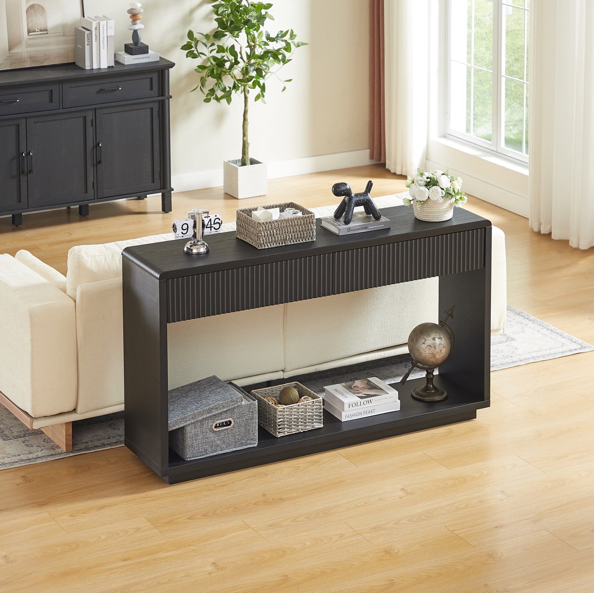 Consoletafel 150 Cm - Met 2 Lades En Open Vak - Modern Design Voor Hal En Woonkamer - Zwart - Hout