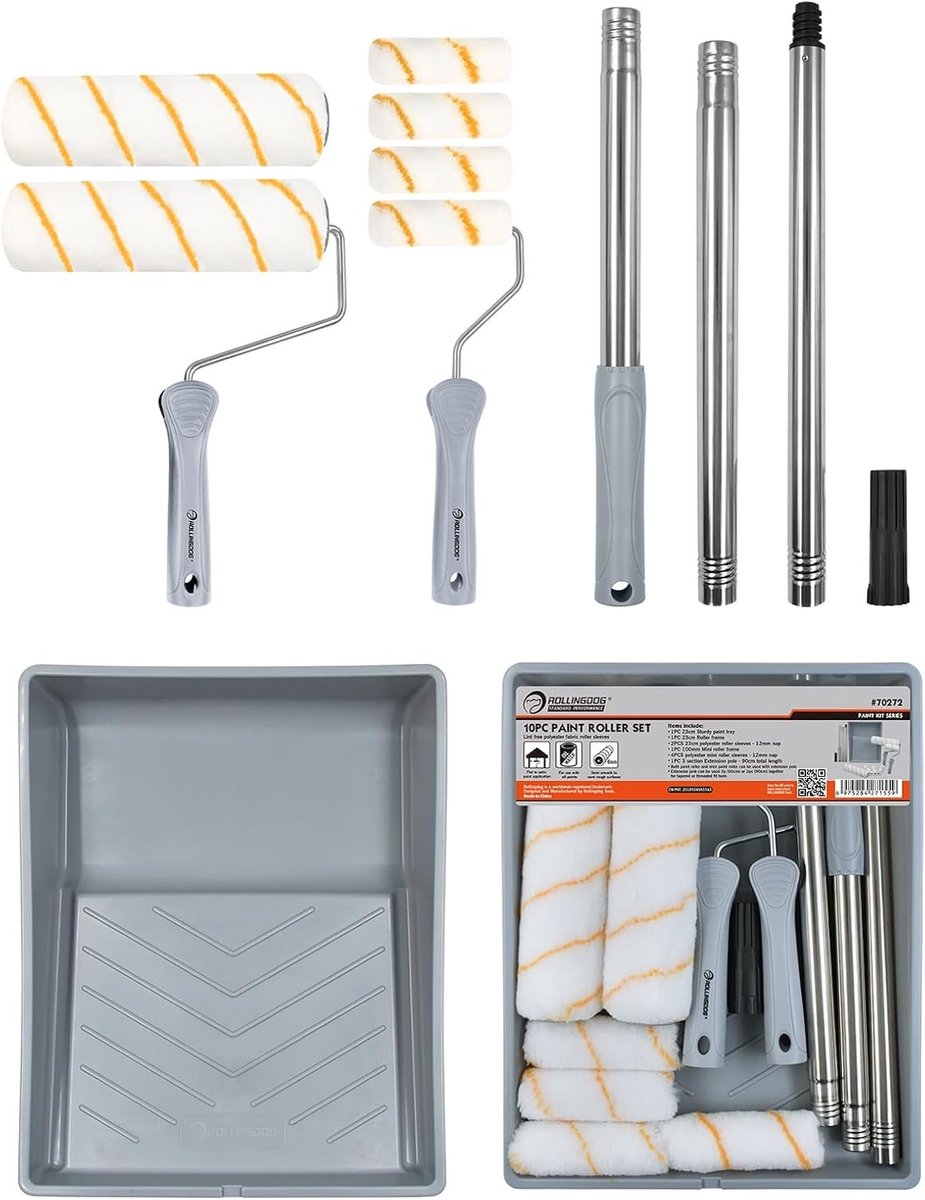 Complete Verfroller Set van 9 Inch met Verfrollers, Verftray en Uitschuifbare Stang - 10 Stuks voor Efficiënt Schilderen en Perfecte Resultaten