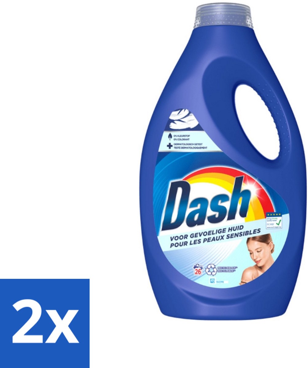 Dash Sensitive - Vloeibaar Wasmiddel - Voor Gevoelige Huid - Witte en Gekleurde Was - 26 Wasbeurten - Voordeelverpakking - 2 stuks