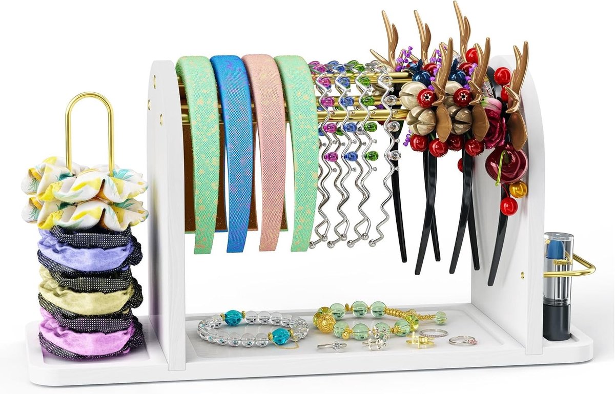 Hoofdbandhouder en Organizer voor Vrouwen, Multifunctionele Opbergoplossing voor Haaraccessoires, Metalen Stand met Houten Basis en Scrunchiehouder, Perfect voor Sieraden en Haarbanden