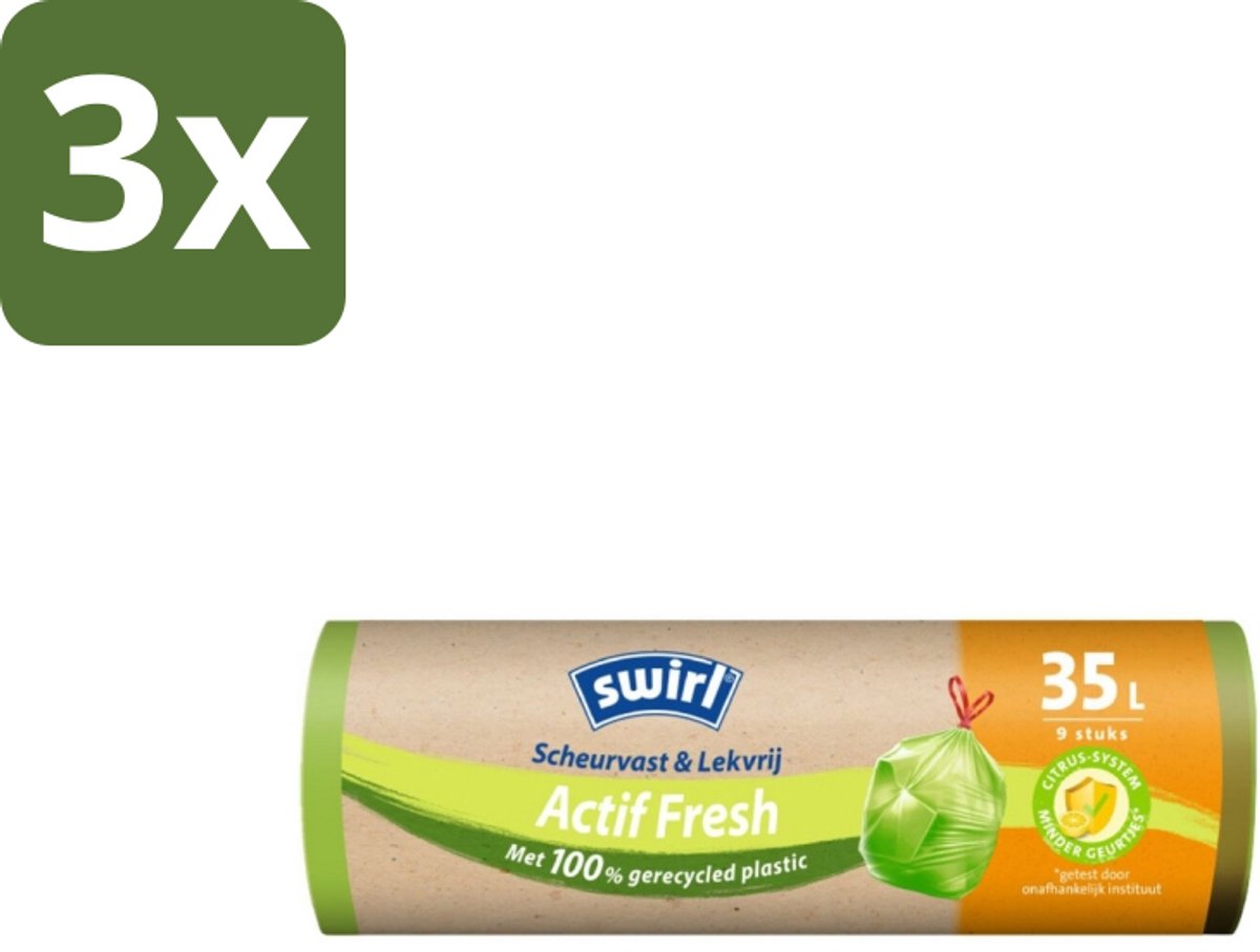 Swirl – Vuilniszakken – Trekband Geparfumeerd Actif Fresh – 35 L – 9 zakken - Bulkverpakking - 3 stuks