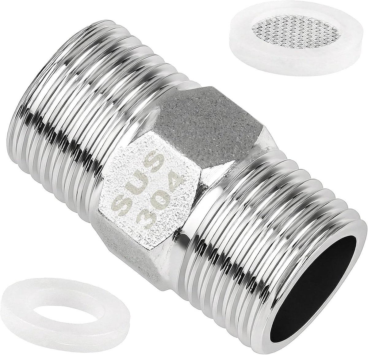 1/2 inch adapter set met mannelijke draad, inclusief dubbele nippelconnector, witte filter en rubberen ring, perfect voor douche slangen, sanitair en leidingen reparaties
