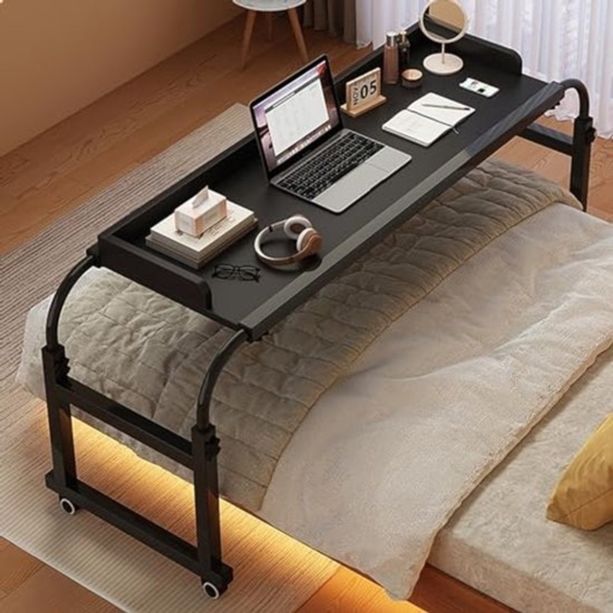 Verstelbare Overbedtafel op Wielen - Hoogte 65-95cm, Ideaal voor Thuiswerken en Studeren in Bed