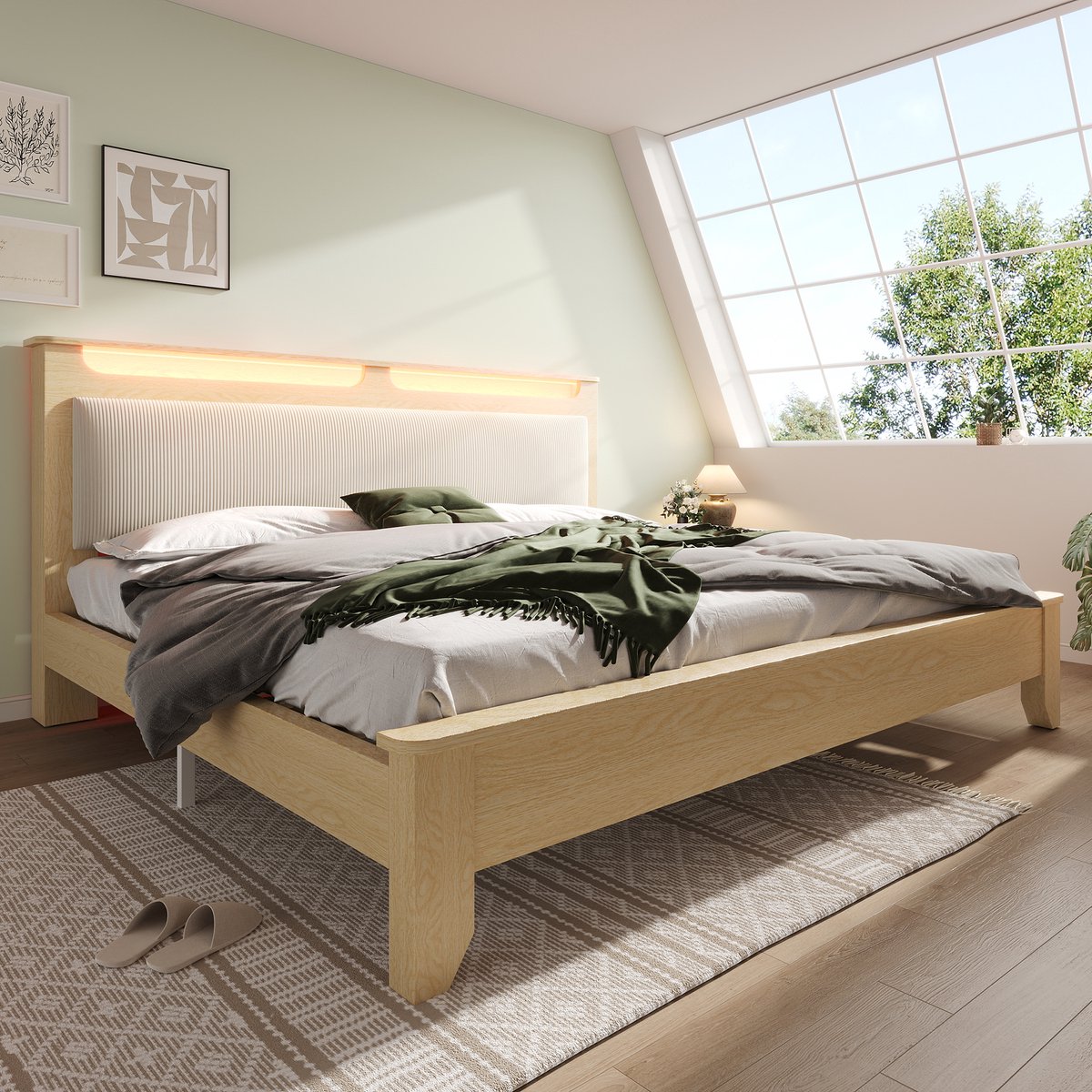 Houten tweepersoonsbed met LED-hoofdeinde en opberging - 160x200 cm - eikenlook met beige corduroy - met afstandsbediening en open legvlakken - inclusief lattenbodem - stevig en stille constructie