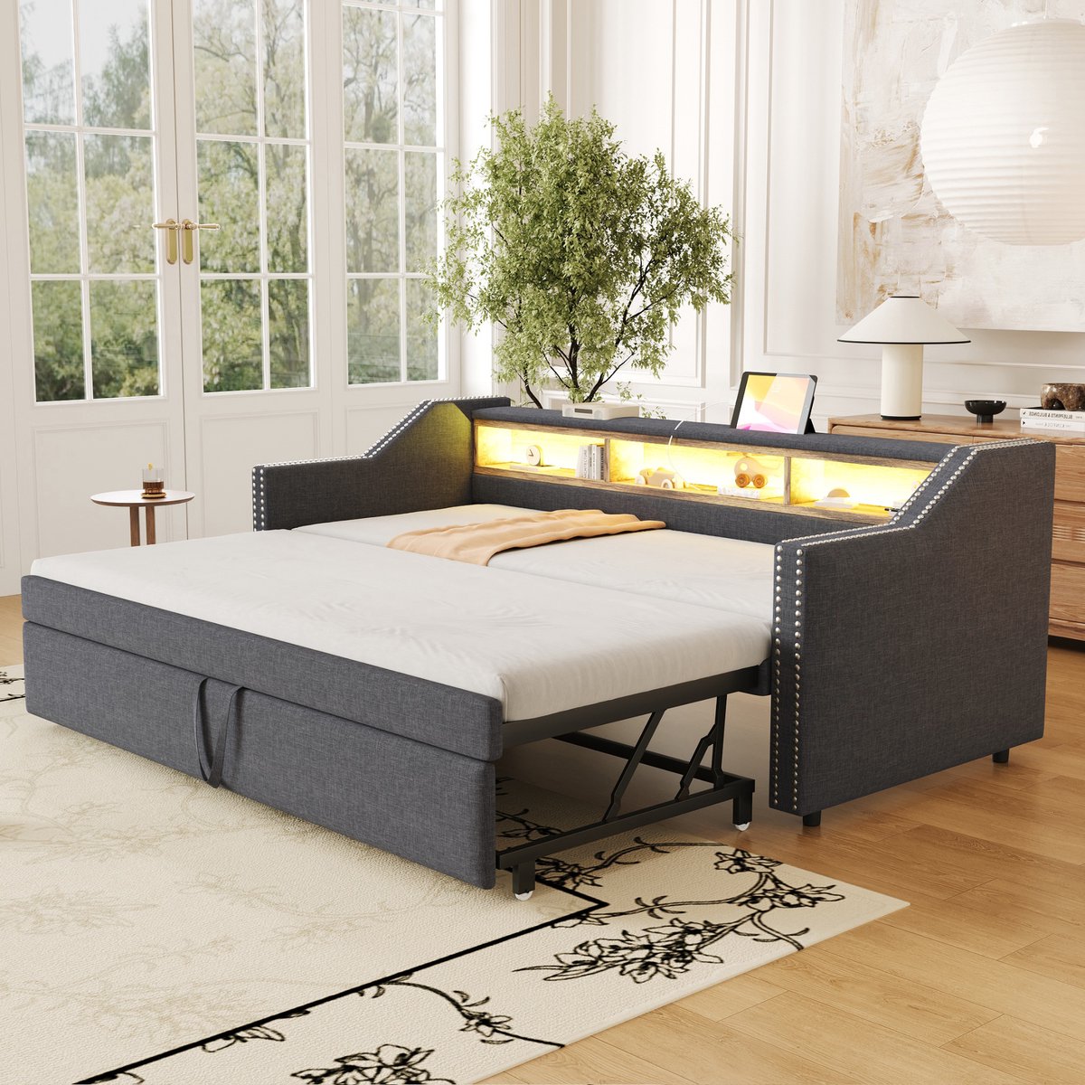 Gestoffeerd uitschuifbaar slaapsofa - 2-in-1 slaapoplossing met LED en USB - 90/180x190 cm voor 1-2 personen - Donkergrijs linnen - Opbergvakken met klinknagels - Inclusief lattenbodem