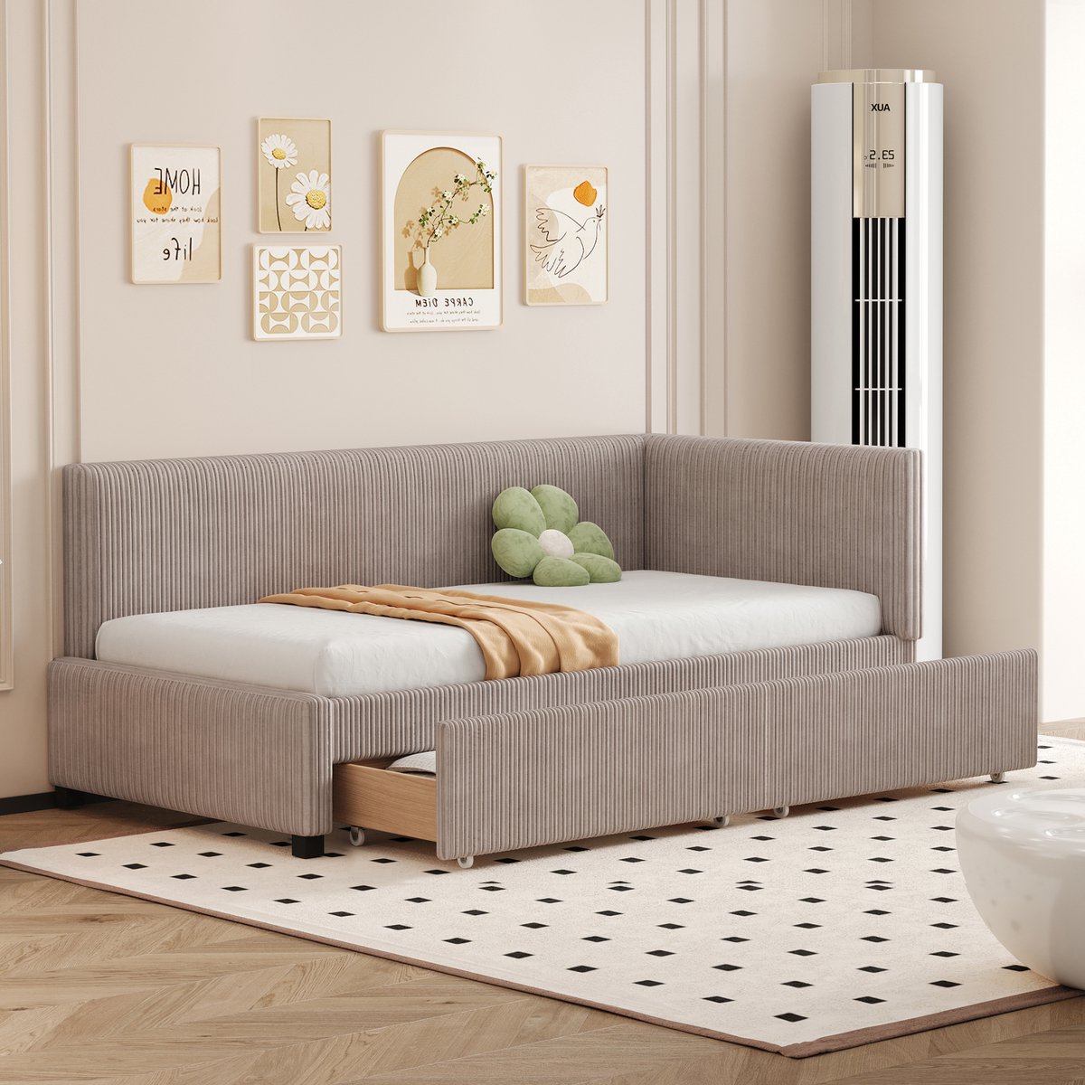 Gestoffeerd dagbed met opberglades - multifunctionele slaapbank - 90x200 cm eenpersoons - grijs fluweel - omkeerbaar hoofdeinde en zachte armleuningen - inclusief lattenbodem