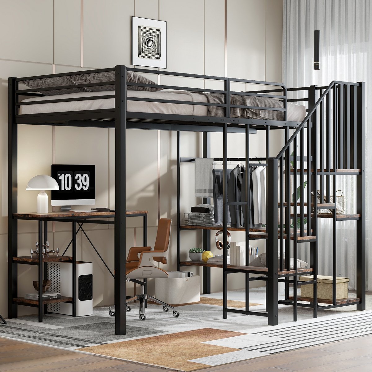 Metalen hoogslaper met bureau, opbergtrap en open kledingkast - compleet voor tienerkamer - 120x200 cm eenpersoons - zwart+vintage houtlook - EN 747 gecertificeerd - stevig stalen frame