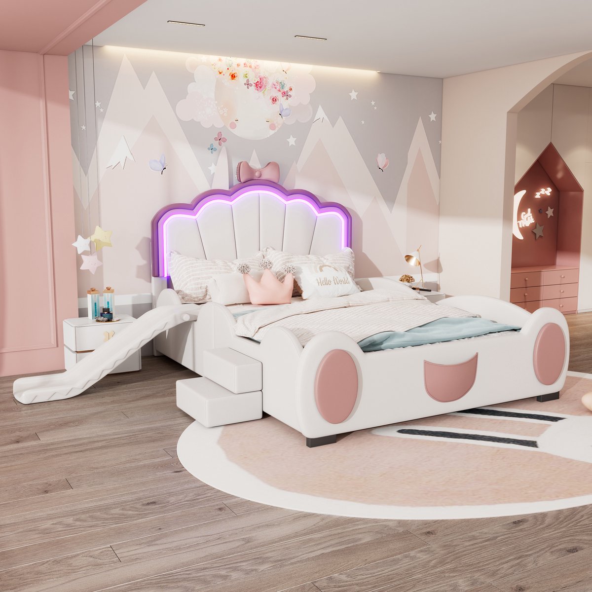 Vlinderbed 140x200 cm - Compleet met glijbaan en LED-kleurenwissellicht - Roze+Wit - Sprookjesachtig cartoonontwerp met trap - Zacht PU-materiaal