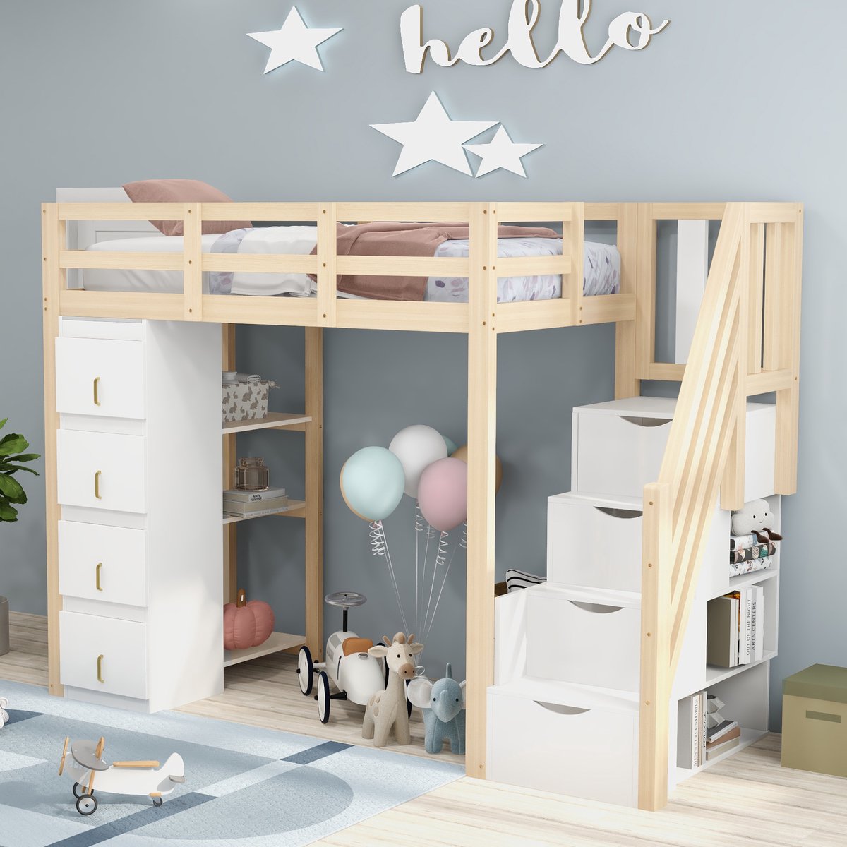 Hoogslaper met opberglades en rek - 90x200 cm eenpersoons - Houtkleur - Opbergtrap met lades - 3-legplankrek - Veiligheidsreling - Massief grenen frame - 15 latten
