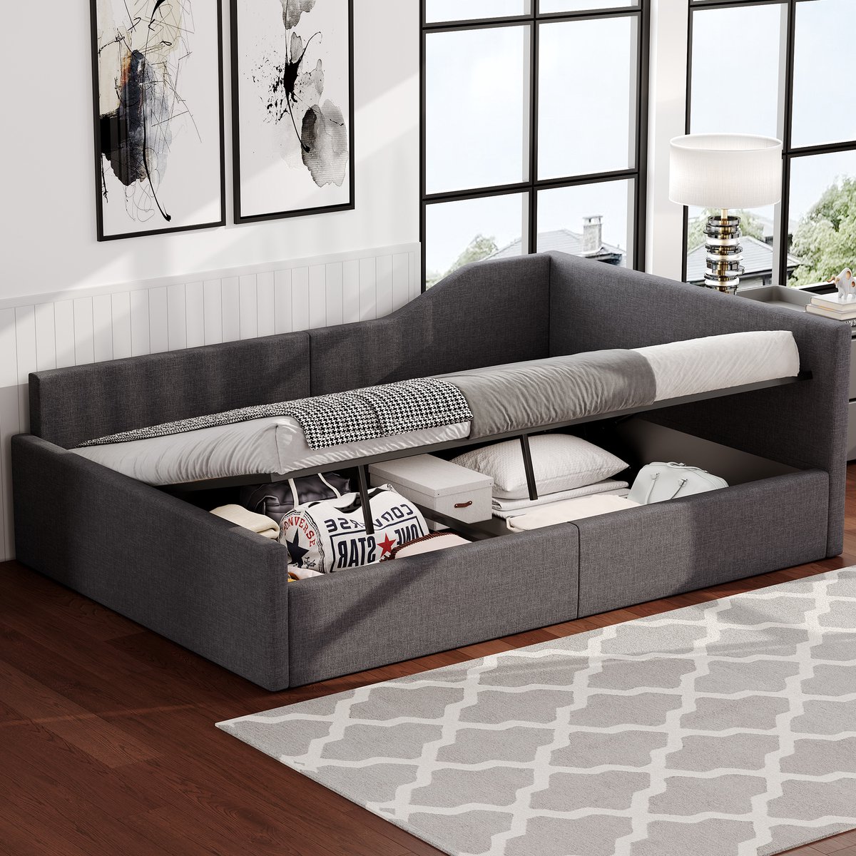 Gestoffeerd dagbed met opbergruimte - multifunctioneel als bank en bed - 140x200 cm tweepersoons - grijs - linnen bekleding en ruime opbergruimte onder het bed - stevige houtconstructie