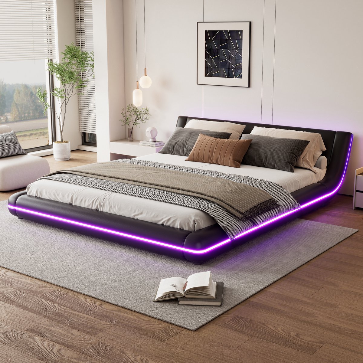 Laag bed - vloerbed met LED en afstandsbediening - 160x200 cm - Zwart PU - Inclusief 12-delige lattenbodem - App-gestuurd meerkleurig licht
