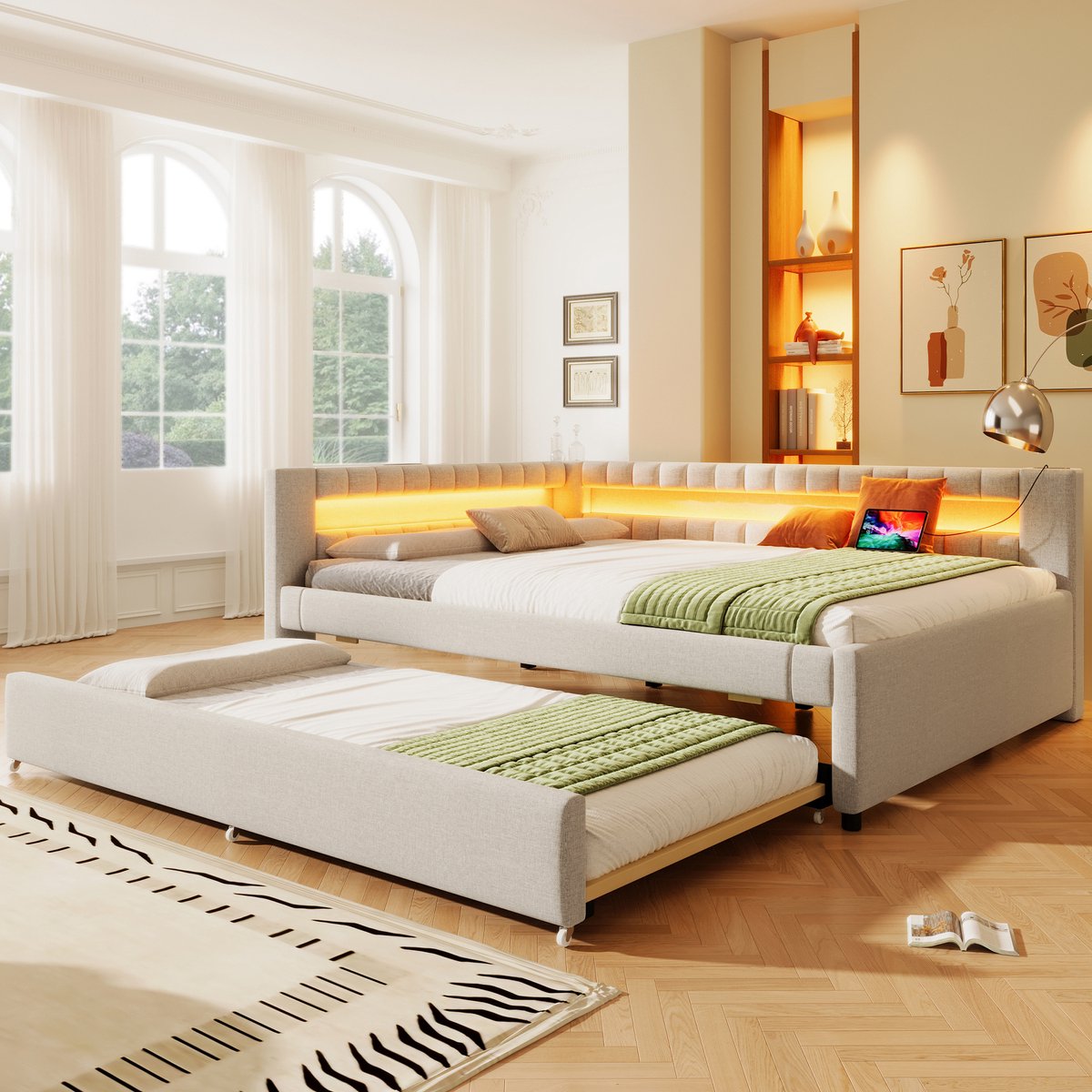 Dagbed met uitschuifbed en LED-verlichting - 140x200 cm tweepersoons, uitbreidbaar met 90x190 cm logeerbed - Beige linnen - USB en Type-C oplaadpoorten - Inclusief lattenbodem - Zonder matras