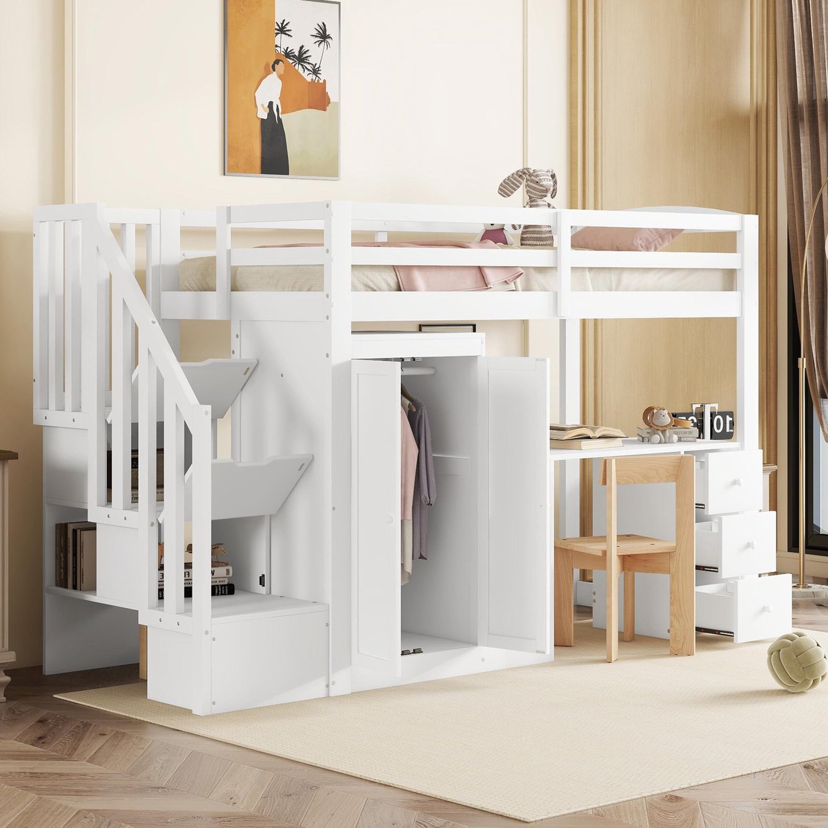 Hoogbed 90x200 cm met bureau, kledingkast en opbergtrap - Wit - Inclusief lattenbodem, 3 lades en open kast - Geschikt voor compacte (tiener)kamers - Massief grenen en MDF