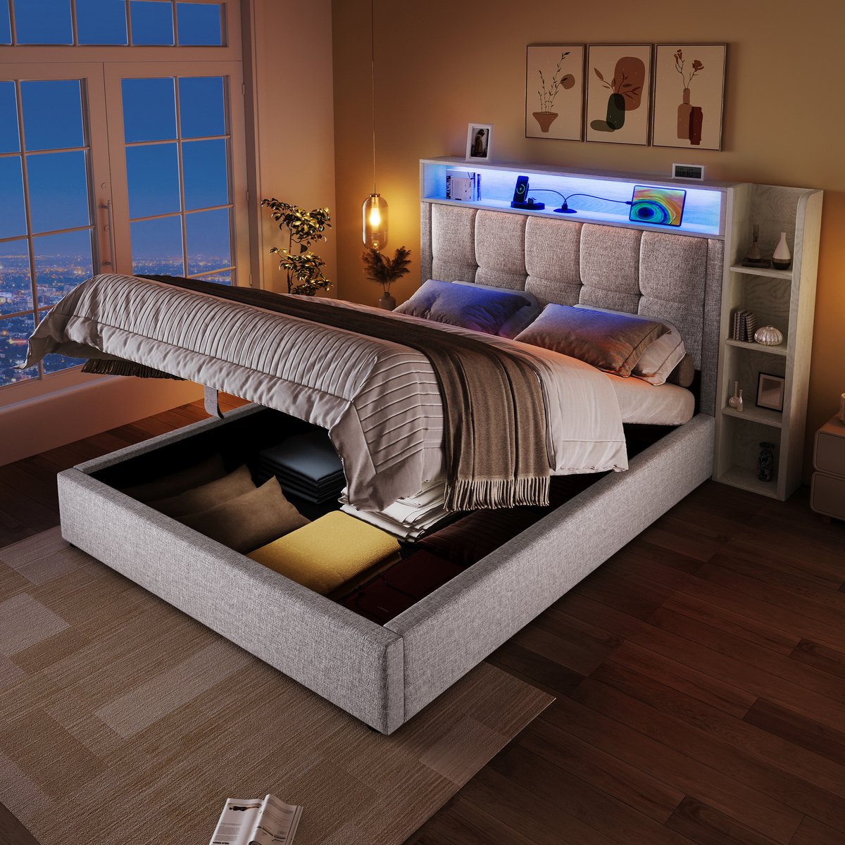 Gestoffeerd bed met opbergruimte, USB-C en LED - 90x200 cm eenpersoons - Beige - Hydraulische opberging - Afneembare zijvakken - App-bedienbare verlichting