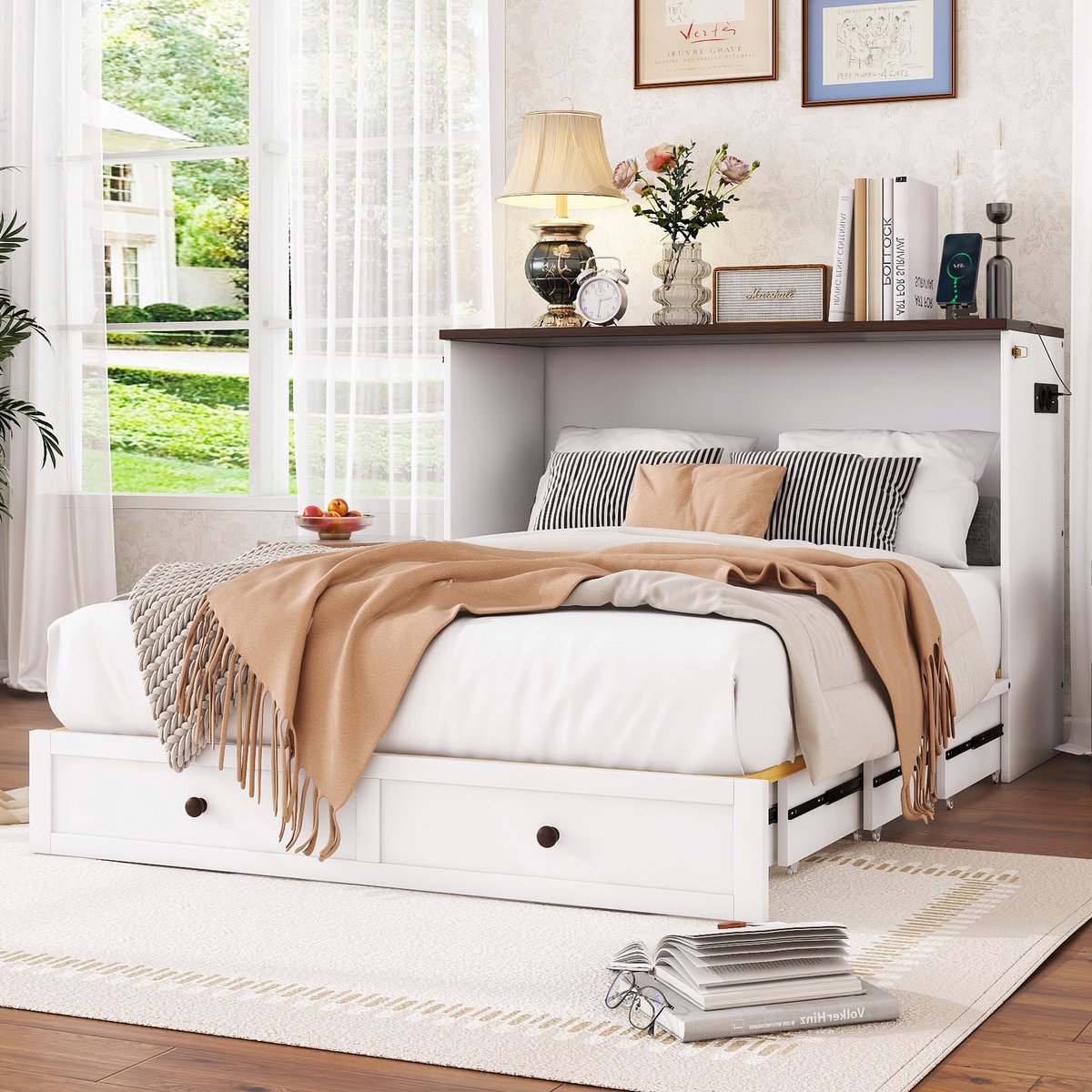 Opklapbed 140x200 cm - Multifunctioneel kastbed met lades en USB-oplaadpoorten - Wit - Inklapbaar tot kast met legplank en stopcontact - Ruimtebesparend en mobiel