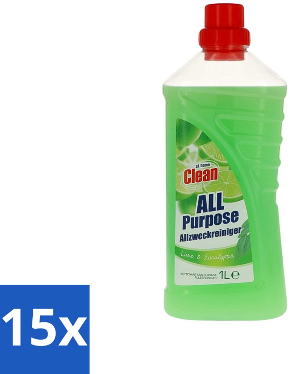 15 x At Home - Clean - Allesreiniger - Limoen & Eucalyptus - 1 L - Allesreiniger - Reiniger - Limoen En Eucalyptus - Reiniging - Vet Verwijderen