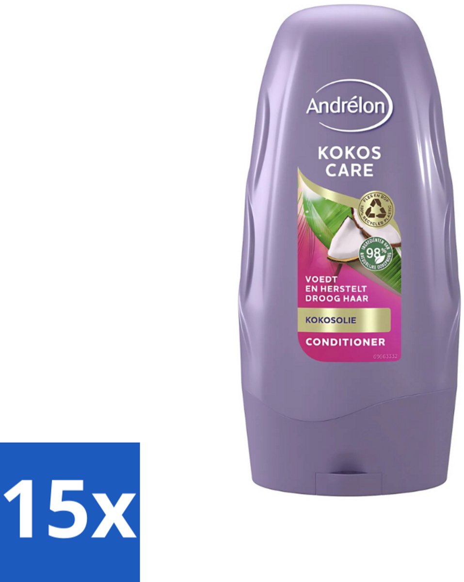 15 x Andrélon - Kokos Care - Conditioner - Diepe Hydratatie - 250 ml - Droog Haar - Beschadigd Haar - Kokosolie - Kokosmelk - Hydraatatie