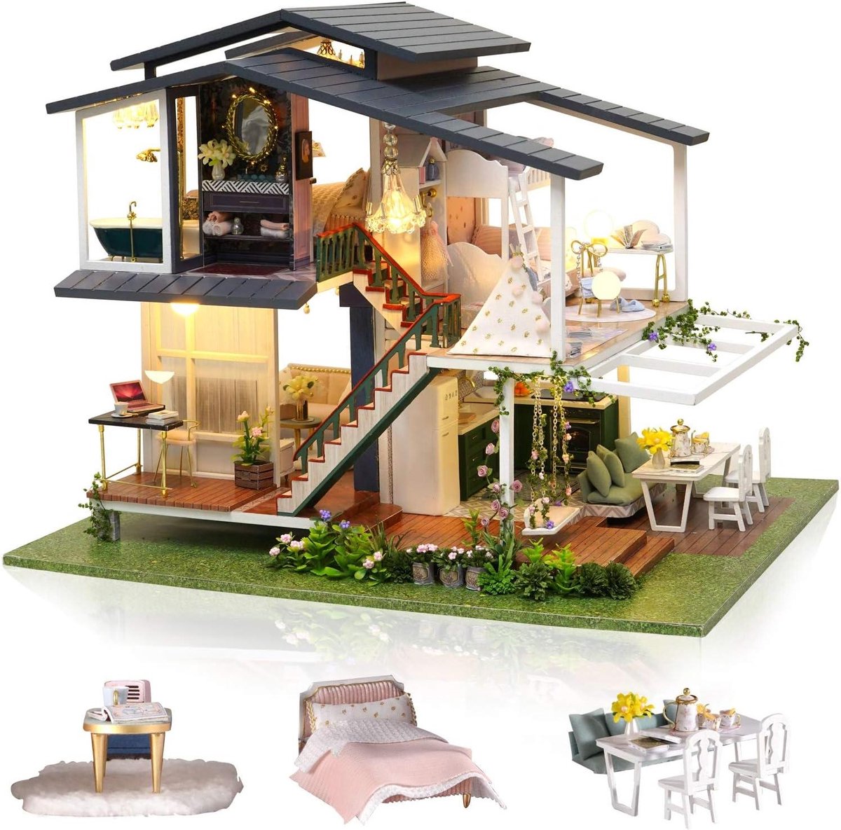 Miniatuur Poppenhuis - Bouwpakket Villa - Creatief Hobbyen - Met Muziek - 32 x 245 x 235 cm - Veelkleurig