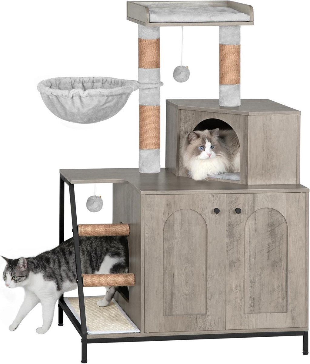 Kattenhuis met krabpaal - Kattenmeubel - Spelen en rusten - 4-in-1 ontwerp - 50 x 80 x 121 cm - Greige