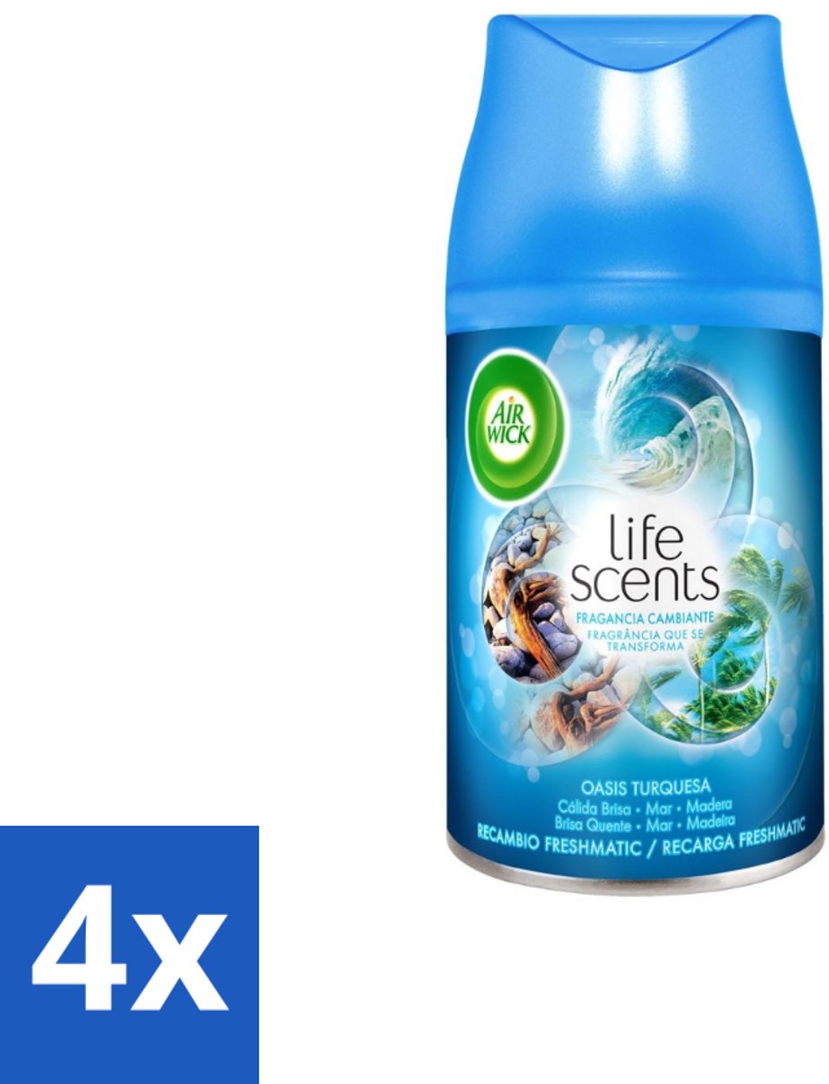 4 x Air Wick - Luchtverfrisser Navulling - Turquoise Oase - Automatische Spray - 250 ml - Geurverspreiding - Tropische Geur - Drijfhout - Zeenevel - Bries