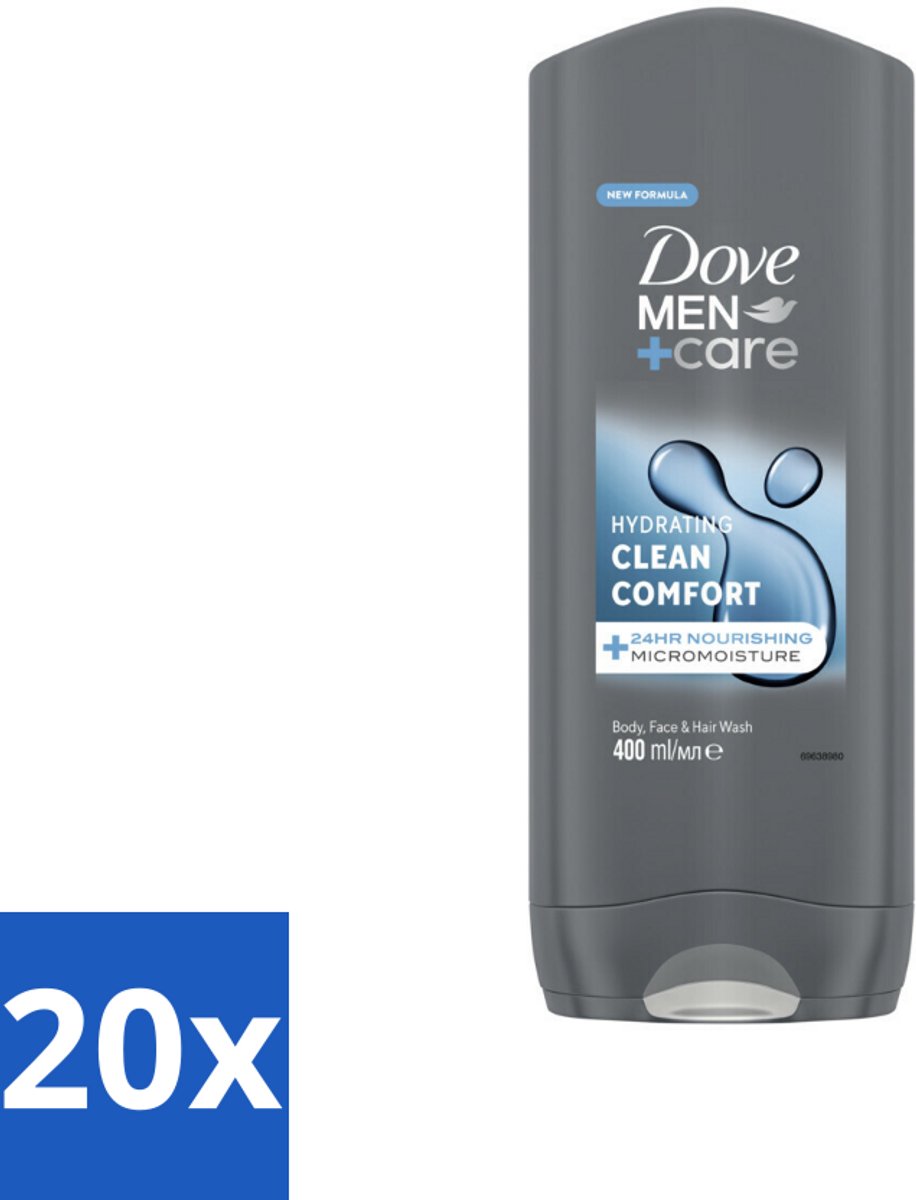 20 x Dove Douchegel Men+ Care Clean Comfort 400 ml - Douchegel Mannen - Reiniging Mannenhuid - Frisse Geur - Energiegevende Douchegel - Hydraterende Douchegel