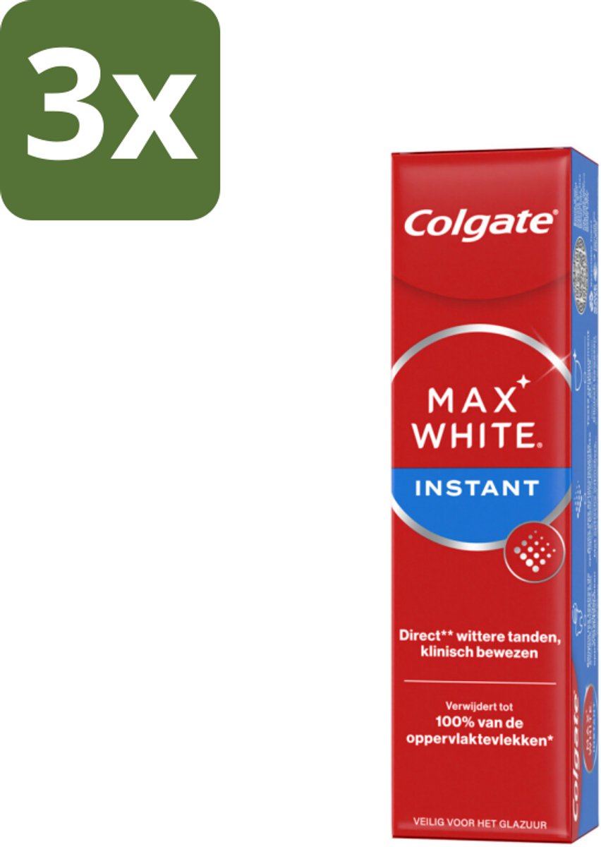 3 x Colgate Tandpasta Max White Optic 75 ml - Tandpasta - Witte Tanden - Optische Whitening - Direct Wittere Tanden - Tanden Poetsen