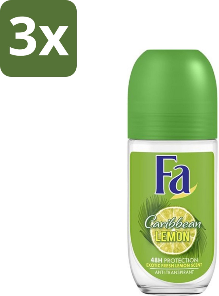 3 x Fa - Deodorant Roller - Caribbean Lemon - Verfrissend - 48 uur Bescherming - Citrusachtig - 50 ml - Deodorant Roll-on - 48 Uur Bescherming - Citrus Geur - Caribische Citroen - Fris