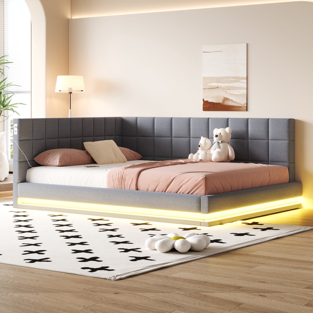 Slaapbank 160x200 cm - Met LED-verlichting - Met USB-aansluiting - Met Kleurwisselende LED - Grijs