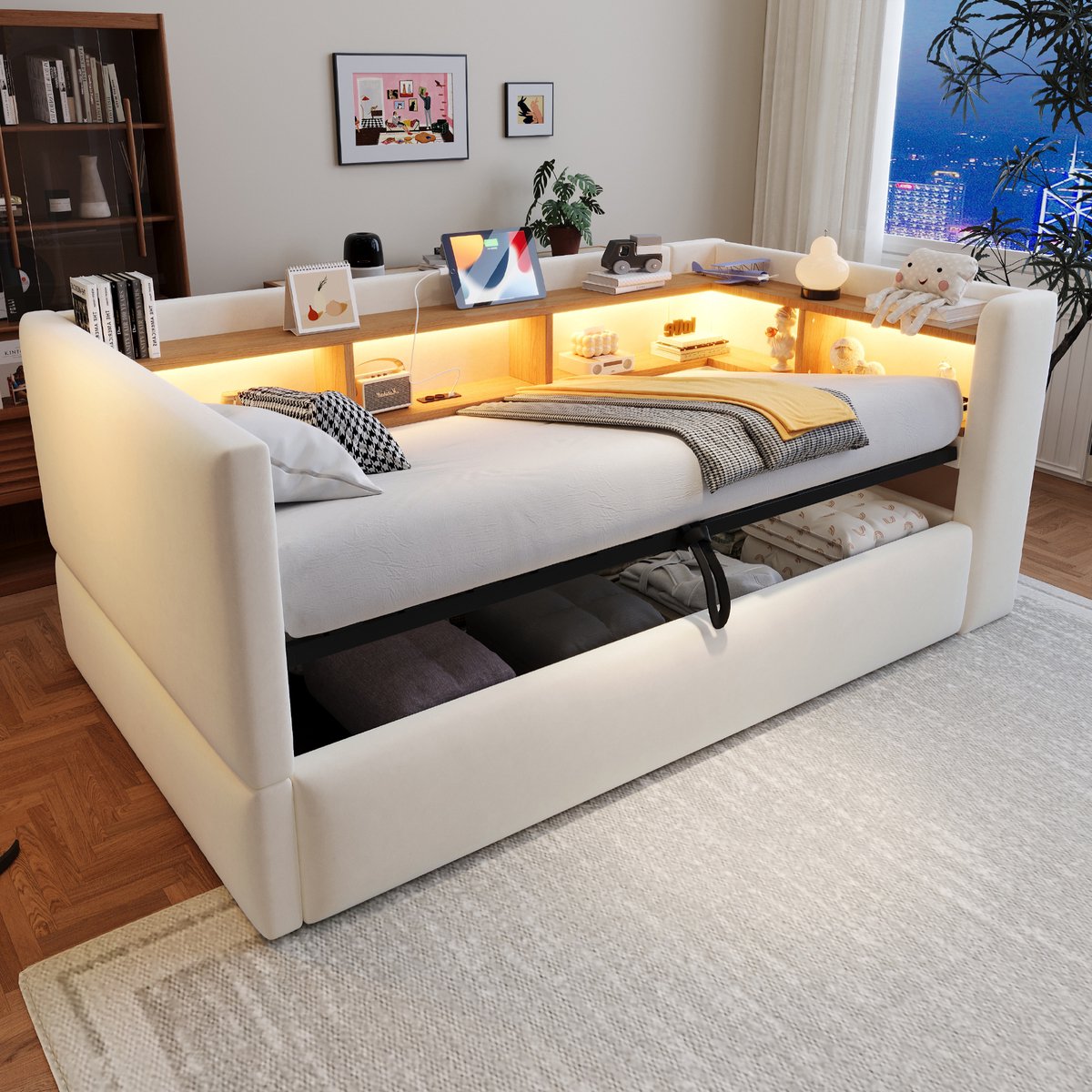 Slaapbank 90x190 cm - Met Opbergruimte - Met LED-verlichting - Met Stopcontact - Beige
