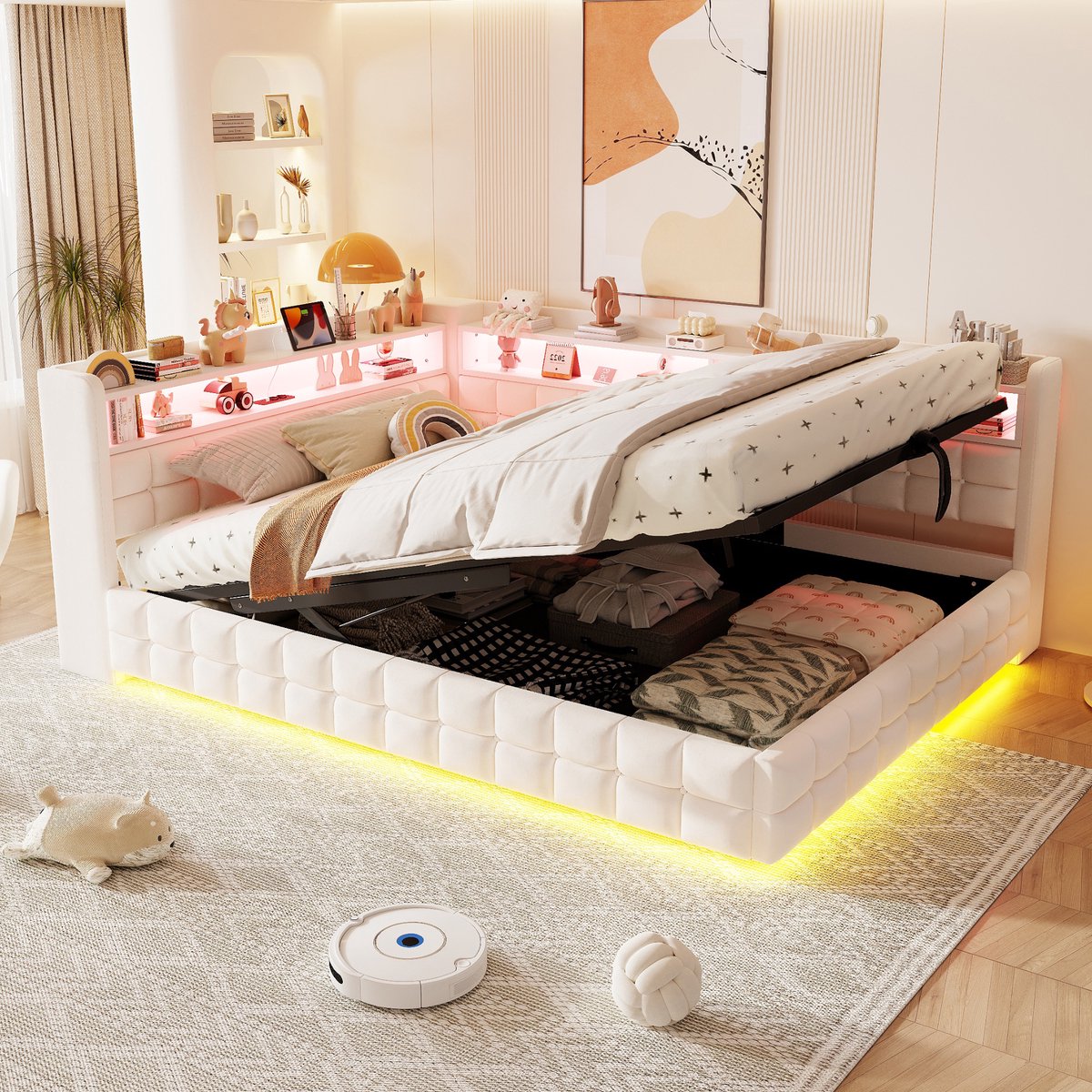 Slaapbank 140x200 cm - Met Opbergruimte - Met LED-verlichting - Met USB-aansluiting - Beige