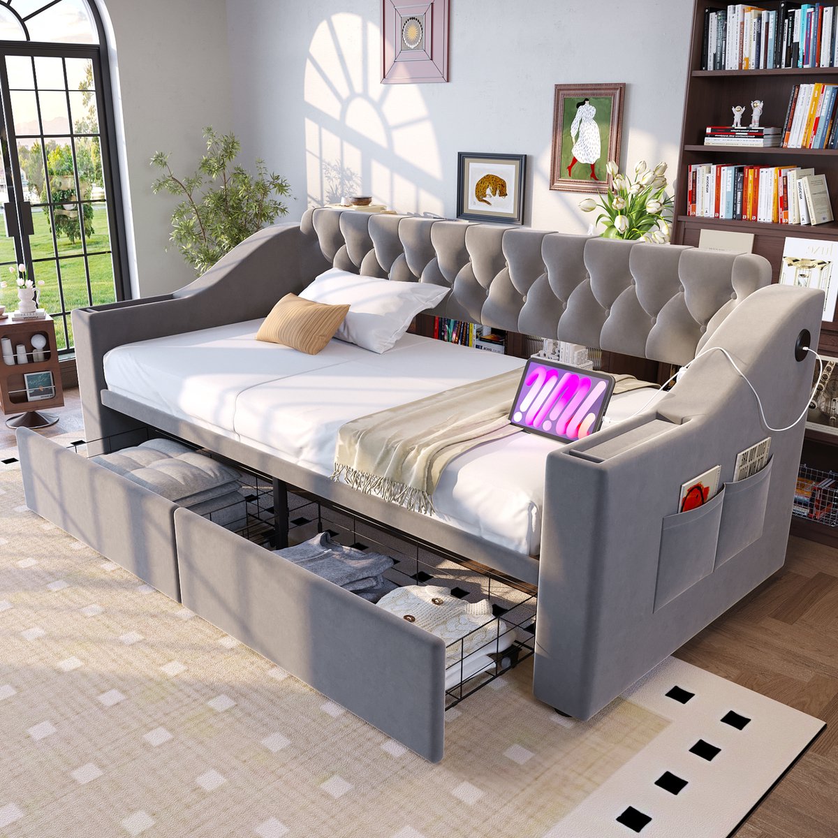 Slaapbank 90x190 cm - Met Opbergruimte - Met USB-aansluiting - Met Fluweel - Light Grijs